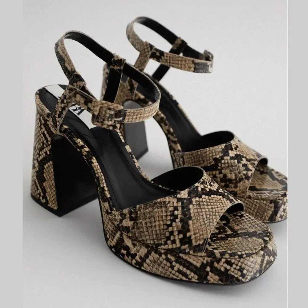 Zara NWT Snake Print Platform Block Heel Ankle Strap Sandals Size 8